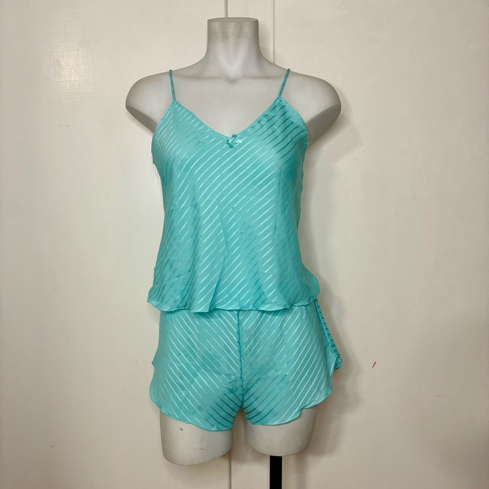 Vintage 70s Teal Blue Sheer Two Piece Pajama Set Camisole Shorts